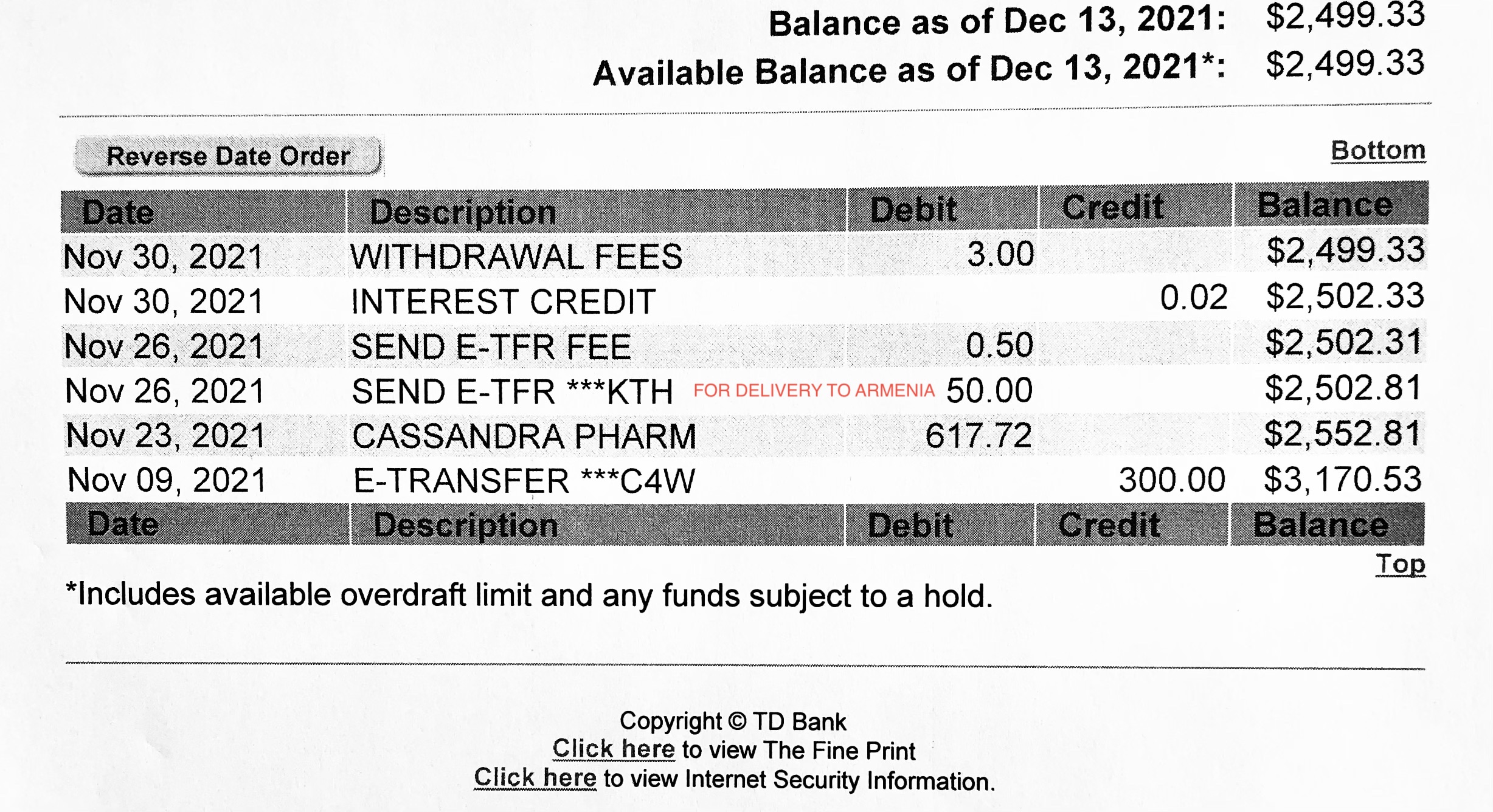TD Bank statement showing funds sent for delivery to Armenia