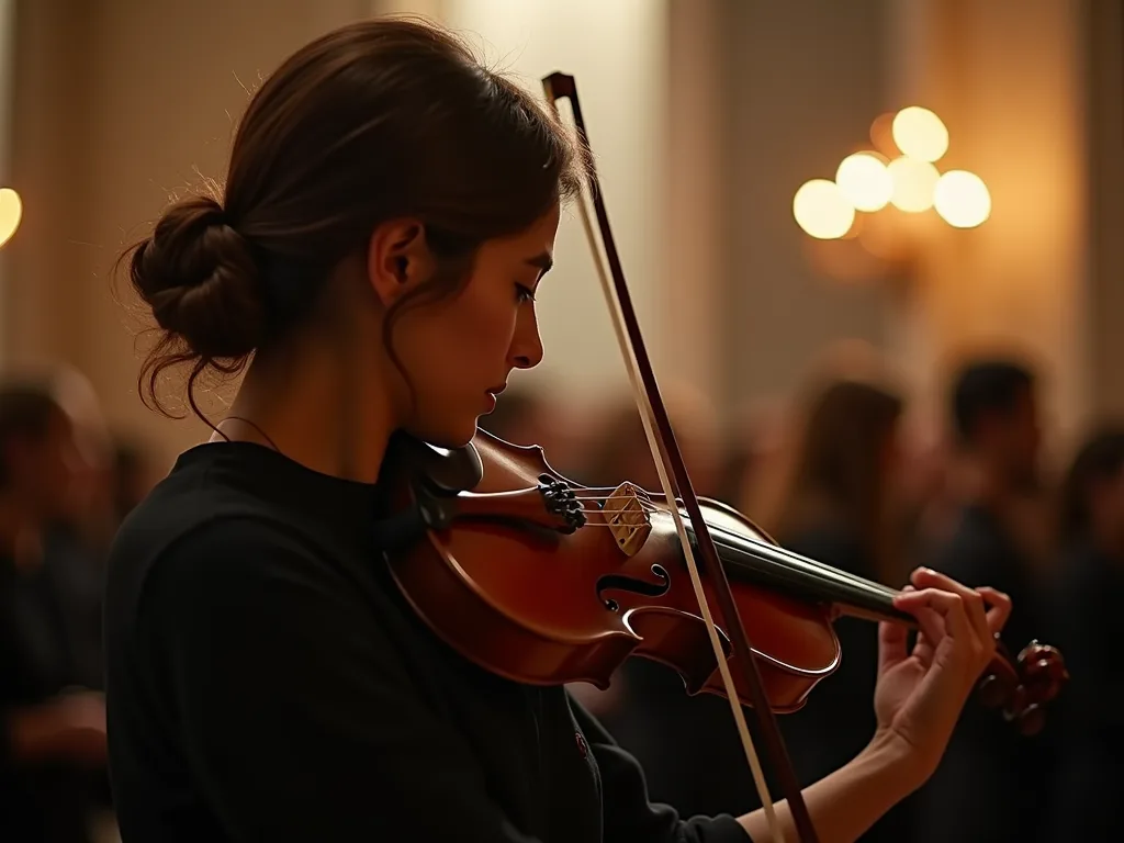 Violinist performing under warm stage lighting